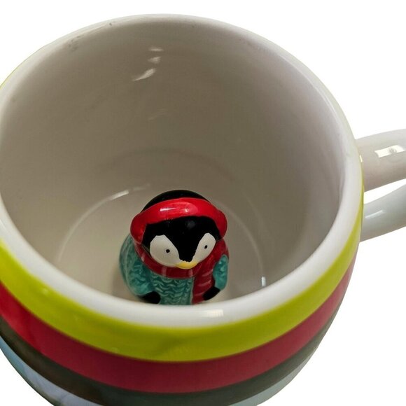 World Market Surprise Penguin Mug 15 oz Capacity Multi Stripe Ceramic Coco Cup - Picture 2 of 10